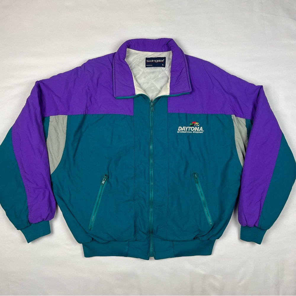 Vtg Swingster NASCAR Daytona Mens Puffer Jacket Large 90s Color Block C2